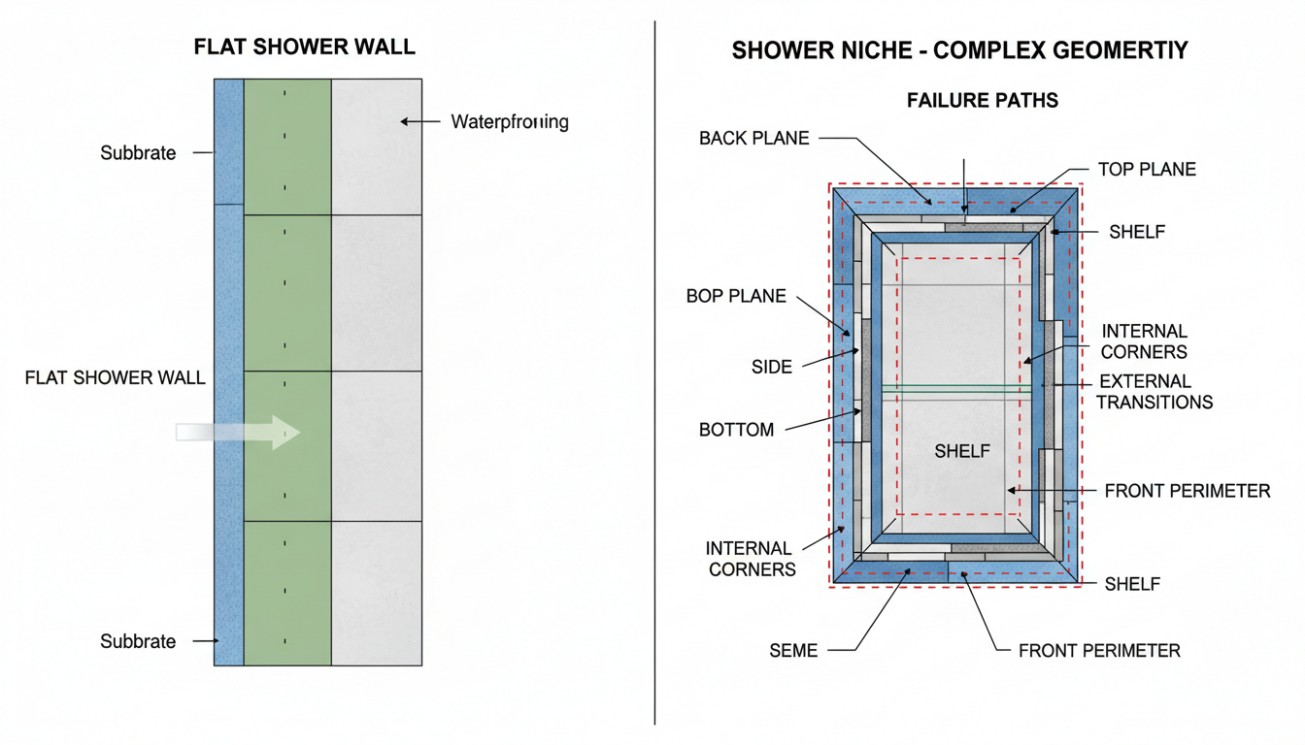 Diagram comparing a flat shower wall with the complex waterproofing failure paths of a shower niche